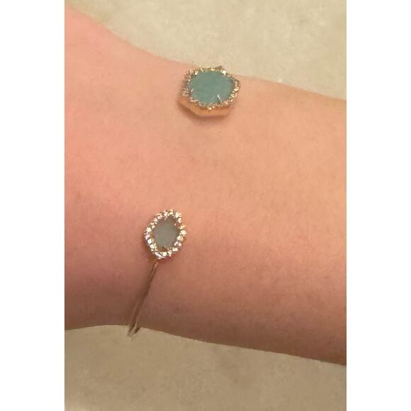 Tai Hex Open Bracelet Adjustable Gold Cuff Blue-Green Glass, Crystals - Picture 4 of 5